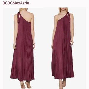 BCBGMAXAZRIA Pleated Tie-Shoulder Maxi Dress Red Burgundy